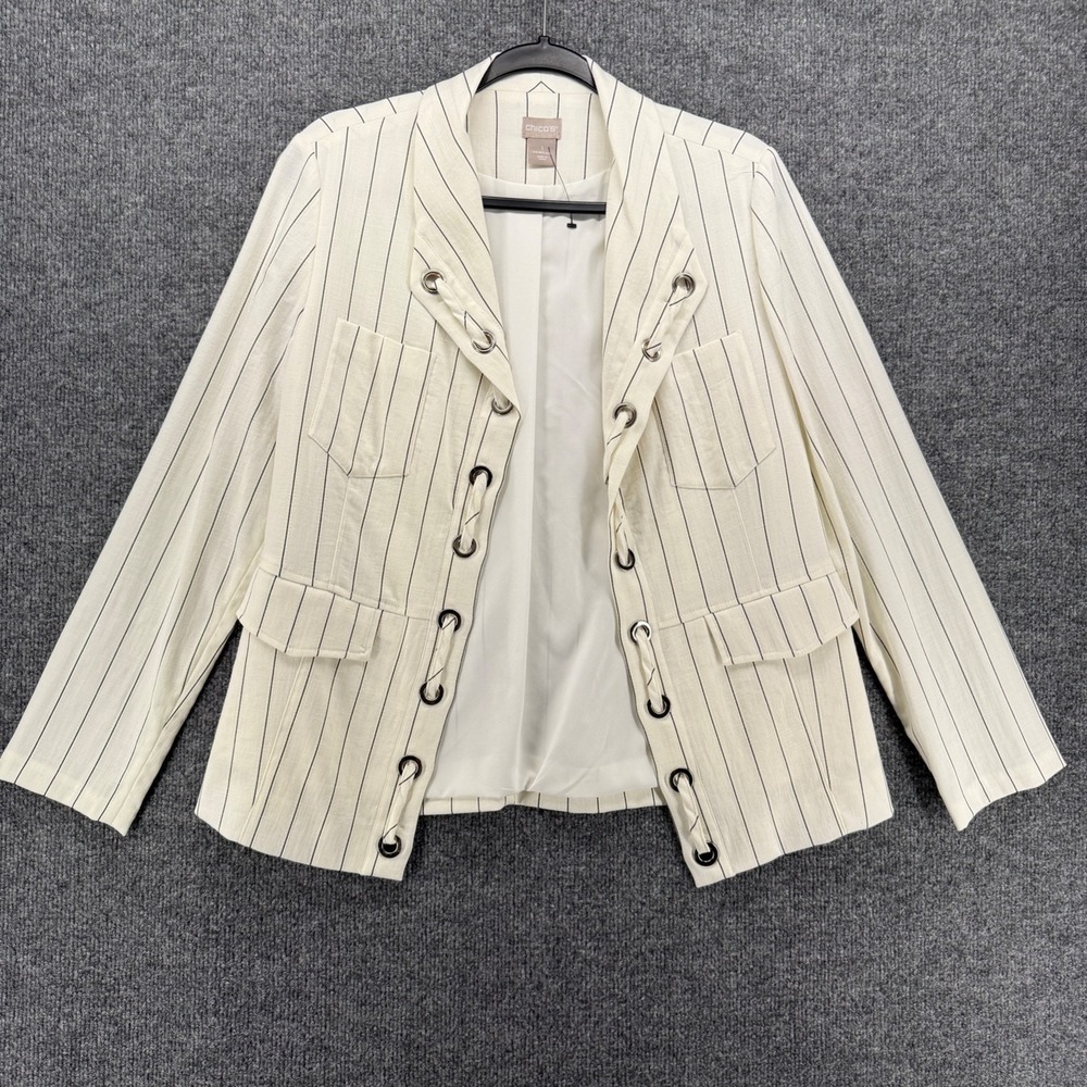 Chicos Blazer Jacket Womens M Ivory Striped Open Front Old Money Nautical Preppy